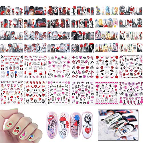 Pegatinas Uñas，Mwoot 24 Hojas Transferencia Agua Pegatinas Uñas Decorativas Nail Art Stickers Corazones sexy amor beso labios Decoracion,Calcomanías Uñas Etiquetas Engomadas