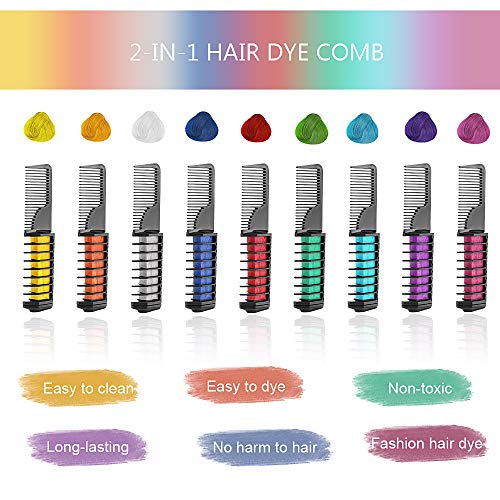 Peines de Tiza de Colores para el Pelo 10 colores temporales de cabello Tinte no tóxico Color de Tiza para niñas y niños Pelo teñido, Fiesta, Navidad y Cosplay