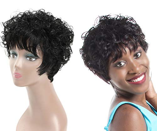 Pelucas Cortas y Rizadas para Mujeres Negras, 100% Pelo Humano Brasileño, Pelucas Afro Americanas, Peluca Rizada Afro, Con Flequillo Plano, Parte Libre, No Necesita Pegamento, Negro Natural