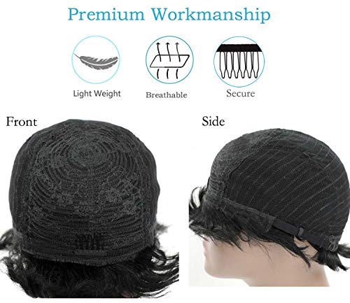 Pelucas Cortas y Rizadas para Mujeres Negras, 100% Pelo Humano Brasileño, Pelucas Afro Americanas, Peluca Rizada Afro, Con Flequillo Plano, Parte Libre, No Necesita Pegamento, Negro Natural