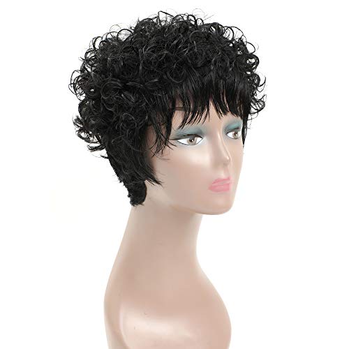 Pelucas Cortas y Rizadas para Mujeres Negras, 100% Pelo Humano Brasileño, Pelucas Afro Americanas, Peluca Rizada Afro, Con Flequillo Plano, Parte Libre, No Necesita Pegamento, Negro Natural