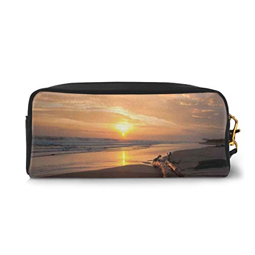 Pencil Case Pen Bag Pouch Stationary,Golden Color Sun Rises Over A Distant Horizon Sandy Beach and Driftwood,Small Makeup Bag Coin Purse