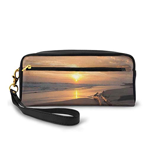 Pencil Case Pen Bag Pouch Stationary,Golden Color Sun Rises Over A Distant Horizon Sandy Beach and Driftwood,Small Makeup Bag Coin Purse