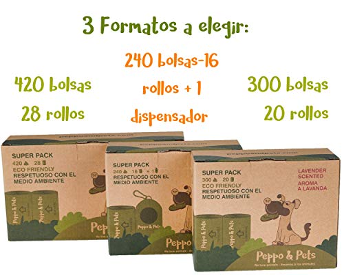 Peppo and Pets- 420 Bolsas biodegradables para excrementos de Perro -(28 Rollos) - Muy Resistentes - Olor a Lavanda- Opacas- A Prueba de Fugas