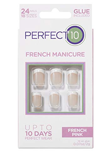 Perfect 10, Uñas Postizas, Manicura Francesa Rosa - Pack de 24 Uñas, 10 Tamaños