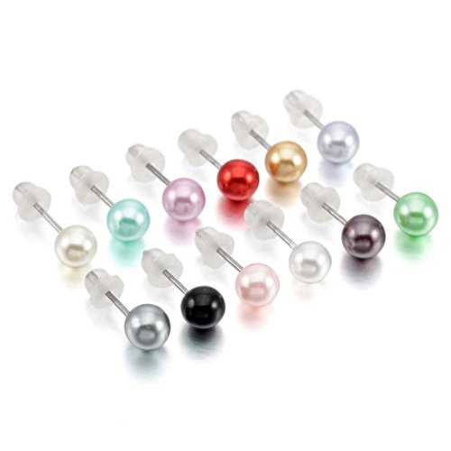 Perlas de imitacion Pendientes Conjunto - SODIAL(R)4~10mm 24 Pieza Acero Inoxidable Resina Semental Pendientes Conjunto Set (12 Pares) Mujer