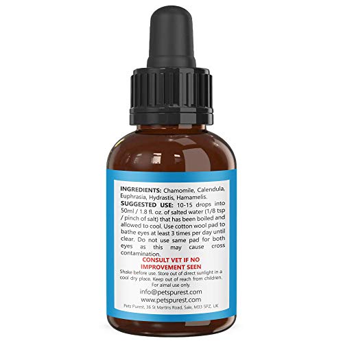 Pets Purest Gotas 100% Naturales de Lavado de Ojos para Perros, Gatos y Mascotas - Potente y rápidas acción de Gotas de Lavado para Ojos acuosos irritados con picazón - 1-2 años de Suministro