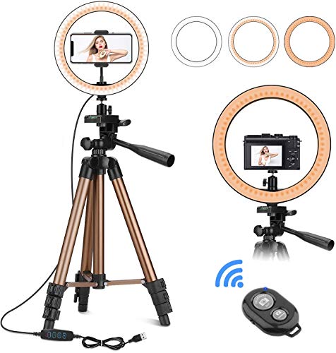 PEYOU Anillo de Luz, 10” Aro de Luz con Trípode de 50''/128cm, 3 Temperatura de Color, 10 Brillo Regulable, Control Remoto, para Móvil, Cámara, Youtube, Selfie Vídeo, Maquillaje fotográfica, TIK Tok