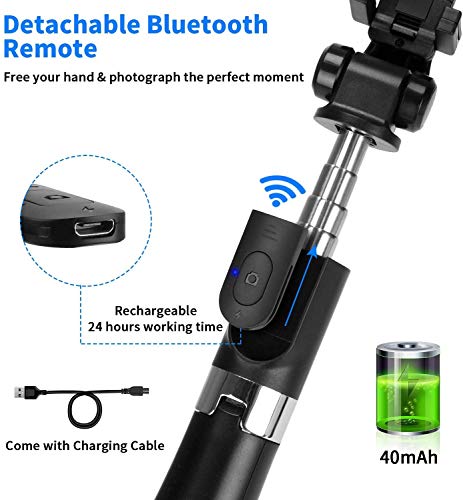 PEYOU Palo Selfie Trípode para Móvil, [ Recargable ] Palo Selfie con Control Remoto Bluetooth, Mini Selfie Stick Compatible para iPhone XS MAX XR 8 Plus, Compatible para Samsung Huawei Xiaomi