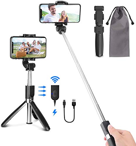 PEYOU Palo Selfie Trípode para Móvil, [ Recargable ] Palo Selfie con Control Remoto Bluetooth, Mini Selfie Stick Compatible para iPhone XS MAX XR 8 Plus, Compatible para Samsung Huawei Xiaomi