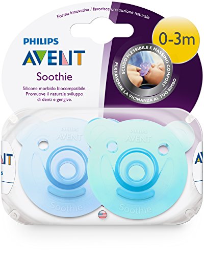 Philips Avent Soothie - Pack de 2 Chupetes calmantes de silicona médica, sin BPA, de 0 a 3 meses, niño, color azul y verde