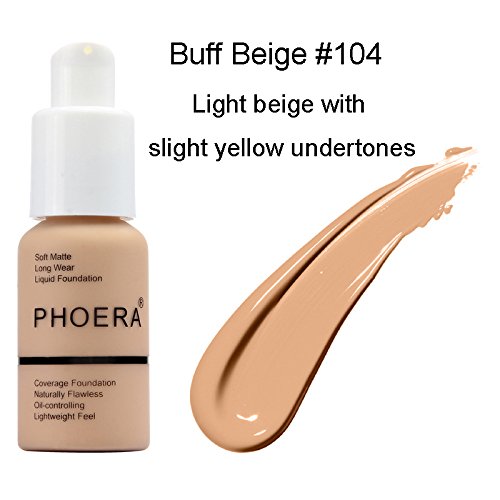 PHOERA 30ml Bases de maquillaje Correctores Concealer Foundation (Nude #102)(Buff Beige #104) con 2 piezas Makeup Face Primer
