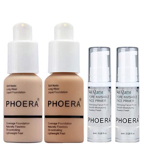 PHOERA 30ml Bases de maquillaje Correctores Concealer Foundation (Nude #102)(Buff Beige #104) con 2 piezas Makeup Face Primer