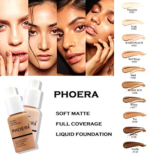 PHOERA 30ml Bases de maquillaje Correctores Concealer Foundation (Nude #102)(Buff Beige #104) con 2 piezas Makeup Face Primer