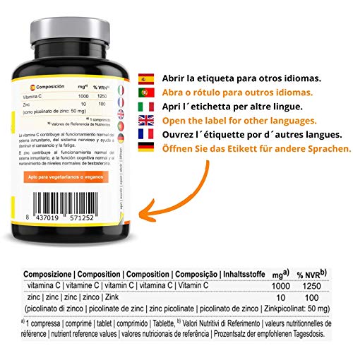 Picolinato de Zinc 50 mg + Vitamina C 1000 mg - 120 comprimidos - 4 meses - Apto para veganos - Hecho en España
