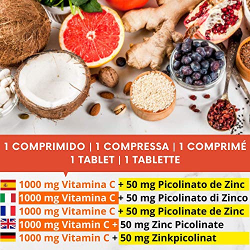 Picolinato de Zinc 50 mg + Vitamina C 1000 mg - 120 comprimidos - 4 meses - Apto para veganos - Hecho en España