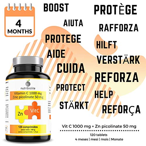 Picolinato de Zinc 50 mg + Vitamina C 1000 mg - 120 comprimidos - 4 meses - Apto para veganos - Hecho en España