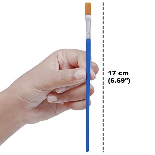 Pincel Plano Azul (Pack de 50) - Tamaño 17cm de Largo x 6mm de Ancho con Cerdas Naranja Sintéticas - Pinceles Pintura para Sombras, Mezclar, Brocha en Seco, Pinceles Oleo, Acrílica, Acuarela