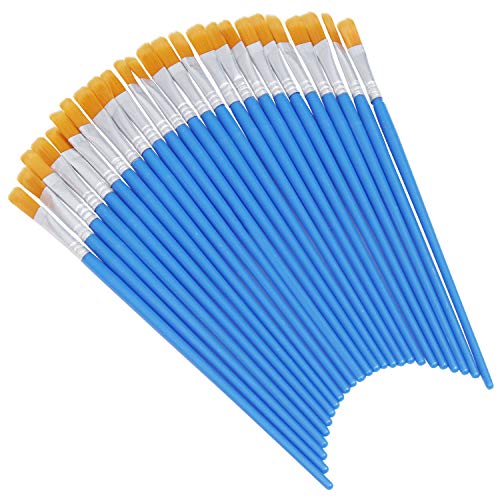 Pincel Plano Azul (Pack de 50) - Tamaño 17cm de Largo x 6mm de Ancho con Cerdas Naranja Sintéticas - Pinceles Pintura para Sombras, Mezclar, Brocha en Seco, Pinceles Oleo, Acrílica, Acuarela