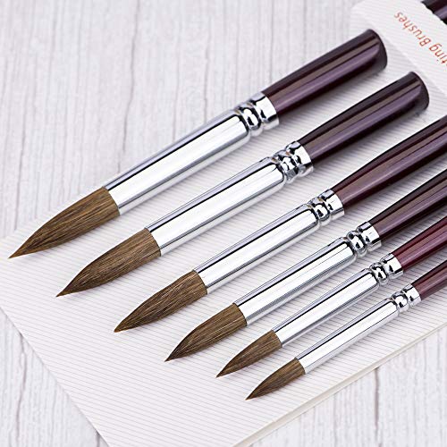 pinceles de acuarela de comadreja de sable rojo - 6 piezas punta redonda punta artista pincel profesional para pintura de acuarela largo brich mango de madera