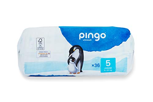 Pingo - Pañales Talla 5 Junior - 2 paquetes de 36 unidades-12-25 kg- Pañales para bebé - Anti-alergénicos sin perfume - Máxima Absorción - Pañales ecológicos - Pieles sensibles - Color Blanco