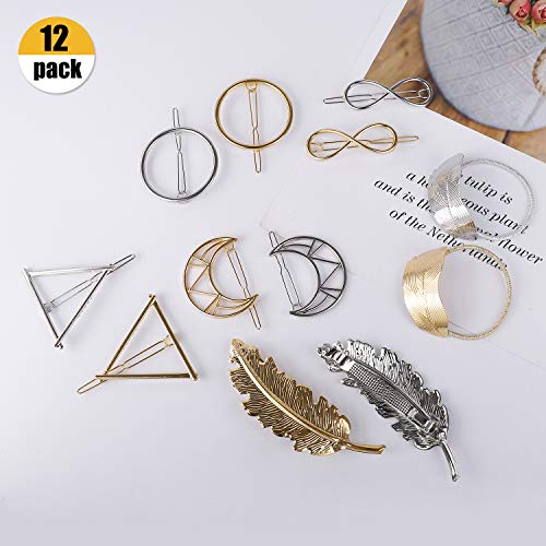 Pinzas para el Pelo de Metal Vintage Hueco Geométrico Horquillas Pelo Clip Abrazaderas Triángulo Círculo Luna Clips de Pelo para Mujeres y Chicas 12 Piezas (Oro y Plata)
