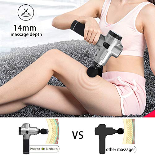 Pistola de Masaje Muscular, Power Of Nature Masajeador de Músculos de Tejido Profundo con 30 Niveles Ajustables, 6 Cabezales de Masaje y Pantalla LCD, Ultra Silenciosos para Relajación Fatiga