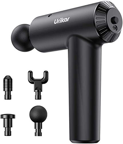 Pistola de Masaje Muscular Urikar, Masajeador de Músculo Ultra Silencioso Inalámbrico con 3 Niveles Ajustables, 4 Cabezales de Masaje para Recuperación y Relajación de Fatiga