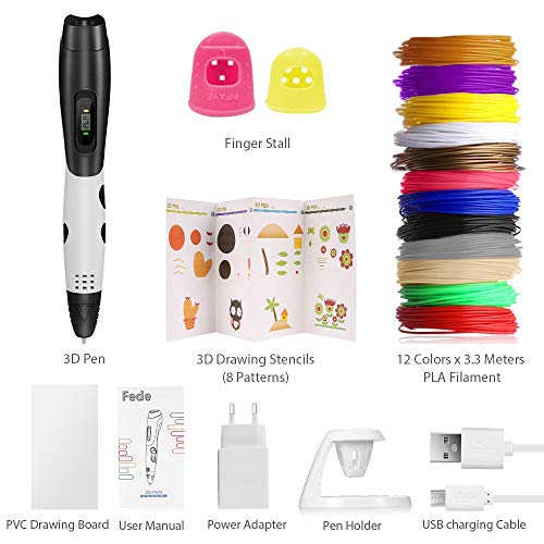 Pluma 3D Fede, Lápiz 3D con 12 * 3.3M filamento PLA 1.75mm multicolores (39.6 metros en total), Boligrafo 3D con Pantalla LCD para Impresión 3D Regalo para Niños y Adultos