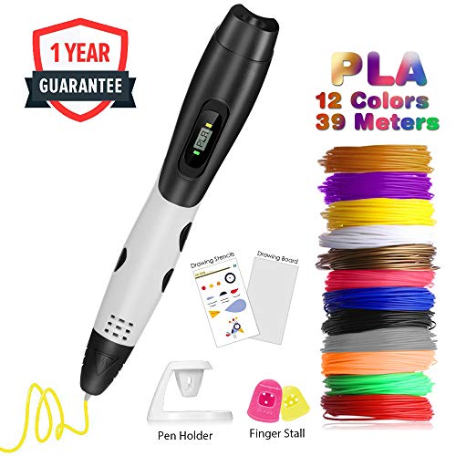 Pluma 3D Fede, Lápiz 3D con 12 * 3.3M filamento PLA 1.75mm multicolores (39.6 metros en total), Boligrafo 3D con Pantalla LCD para Impresión 3D Regalo para Niños y Adultos