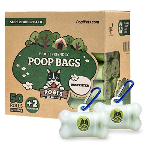 Pogi's Poop Bags - Bolsas para excremento de Perro + 2 dispensador - 50 Rollos no perfumados (750 Bolsas) - Grandes, Biodegradables, Herméticas