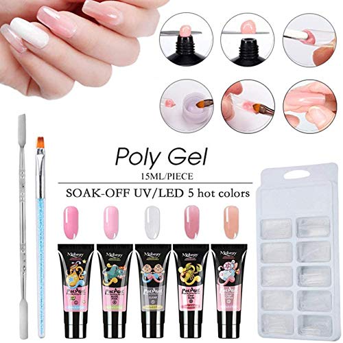 Polygel Nail Kit, Anself Poly Gel Set 5 Colores 15ml Gel de Uñas Conjunto de Extensión de Uñas con Bandejas de Uñas de 100 Pcs, un Cepillo y un Fader Adecuado para Gel de Uñas Extendido