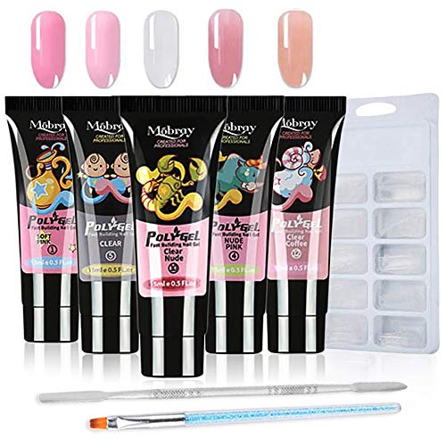 Polygel Nail Kit, Anself Poly Gel Set 5 Colores 15ml Gel de Uñas Conjunto de Extensión de Uñas con Bandejas de Uñas de 100 Pcs, un Cepillo y un Fader Adecuado para Gel de Uñas Extendido