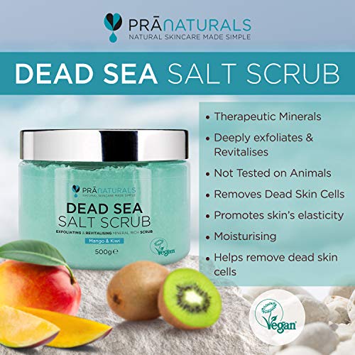 PraNaturals Exfoliante Corporal de Sal del Mar Muerto Mezclado con Aceites de Mango y Kiwi 500g 100% Body Scrub de Sales para Nutrir la Piel, Rico en Minerales Naturales para Todo Tipo de Piel