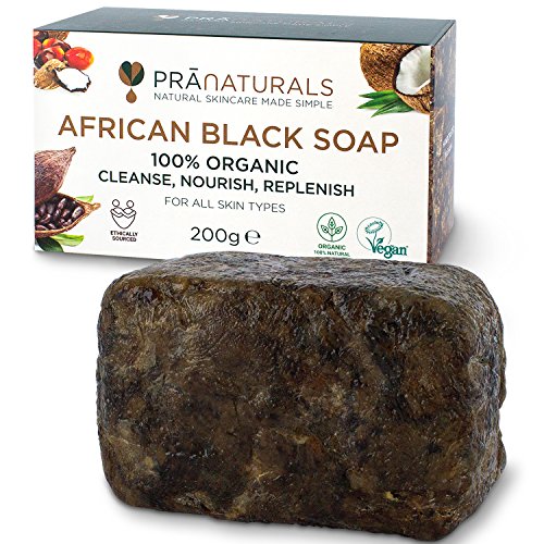 PraNaturals Jabón Negro Africano 200g, Orgánico y Vegano para Todo Tipo de Pieles, de Origen y Artesanal en Ghana Tropical