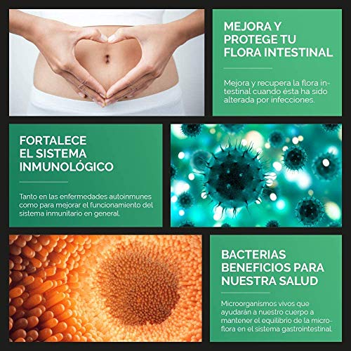 Probióticos - 10 mil millones de UFC. Nueva fórmula potenciada de amplio espectro para mejorar la flora intestinal y el sistema inmunológico. 60 cápsulas vegetales. Ingredientes de máxima efectividad.