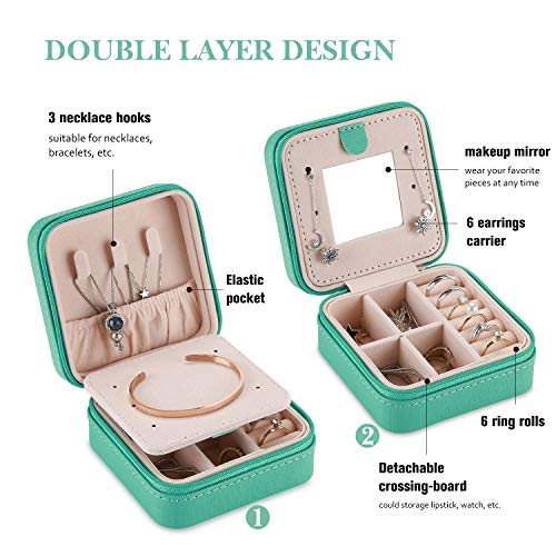 ProCase Estuche Joyero Pequeño, Mini Caja Almacenamiento Portable para Joyería, Organizador de Viaje de Doble Capa con Espejo para Joyas Collares Pendientes Aretes Pulseras Anillos -Turquesa