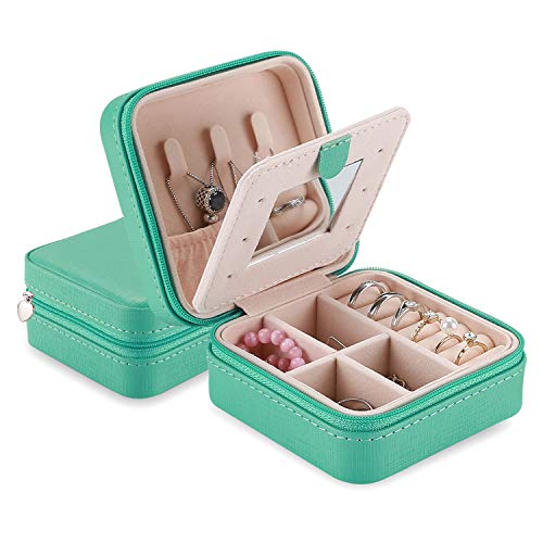 ProCase Estuche Joyero Pequeño, Mini Caja Almacenamiento Portable para Joyería, Organizador de Viaje de Doble Capa con Espejo para Joyas Collares Pendientes Aretes Pulseras Anillos -Turquesa