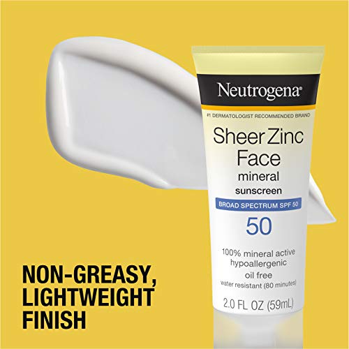 Protector solar facial Sheer Zinc de Neutrogena, amplio espectro de protección SPF 50, tacto seco,59 ml.