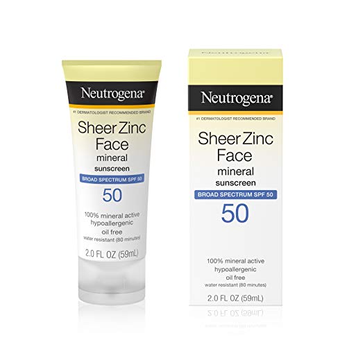 Protector solar facial Sheer Zinc de Neutrogena, amplio espectro de protección SPF 50, tacto seco,59 ml.