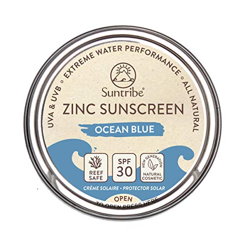 Protector Solar Natural de Zinc Cara & Deporte Suntribe - FPS 30 - Biodegradable/Reef Safe - Òxido de Zinc (Filtro UV mineral) - Muy Resistente al Agua - 4 Ingredientes - AZUL OCÈANO (45 g)