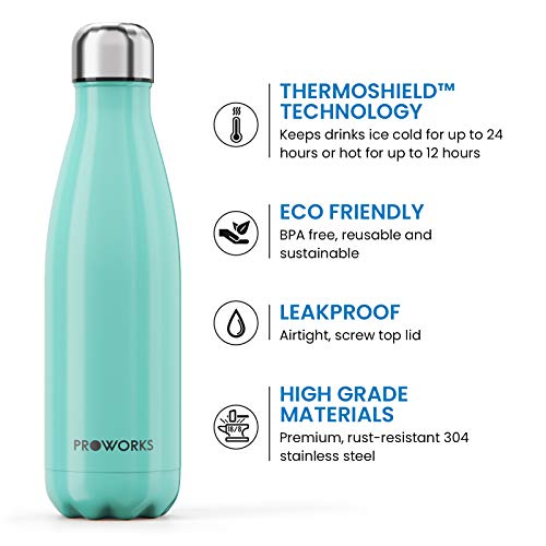 Proworks Botellas de Agua Deportiva de Acero Inoxidable | Cantimplora Termo con Doble Aislamiento para 12 Horas de Bebida Caliente y 24 Horas de Bebida Fría - Libre de BPA - 350ml – Verde