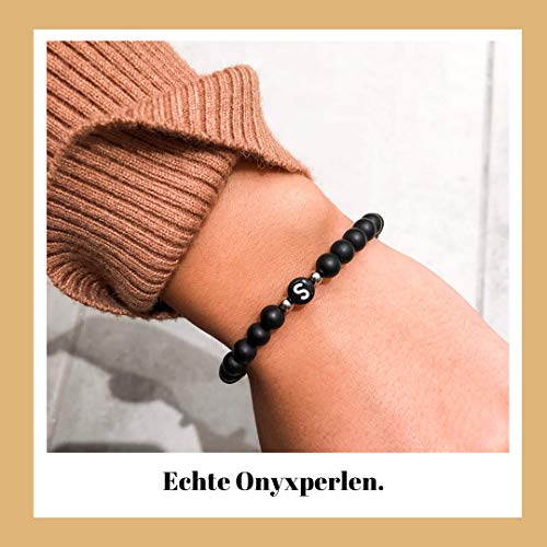 Pulsera con nombre de perlas de ónix de con letras de la A a la Z, pulsera de la amistad para Navidad de plata real, Buchstabe S, 16 - 20 cm