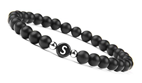 Pulsera con nombre de perlas de ónix de con letras de la A a la Z, pulsera de la amistad para Navidad de plata real, Buchstabe S, 16 - 20 cm