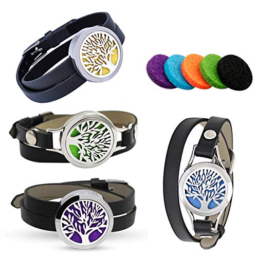 Pulsera difusor de árbol de la vida, pulsera de aroma, difusor de aceites esenciales, brazalete de cuero vacuno doble con 12 almohadillas de fieltro