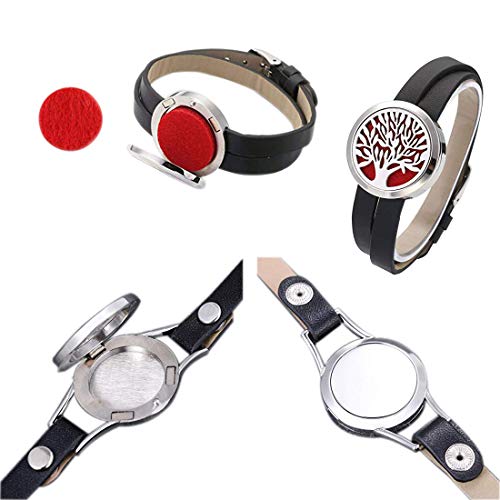 Pulsera difusor de árbol de la vida, pulsera de aroma, difusor de aceites esenciales, brazalete de cuero vacuno doble con 12 almohadillas de fieltro