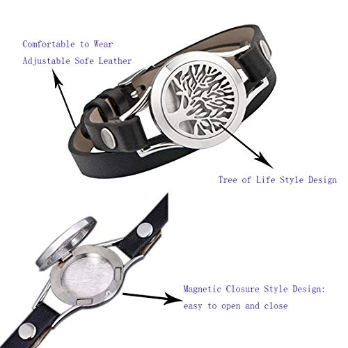 Pulsera difusor de árbol de la vida, pulsera de aroma, difusor de aceites esenciales, brazalete de cuero vacuno doble con 12 almohadillas de fieltro