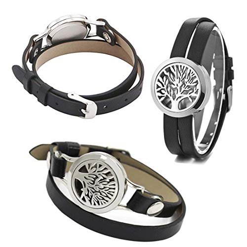 Pulsera difusor de árbol de la vida, pulsera de aroma, difusor de aceites esenciales, brazalete de cuero vacuno doble con 12 almohadillas de fieltro