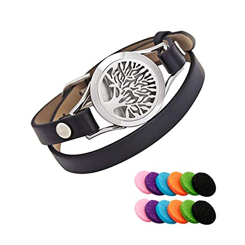 Pulsera difusor de árbol de la vida, pulsera de aroma, difusor de aceites esenciales, brazalete de cuero vacuno doble con 12 almohadillas de fieltro