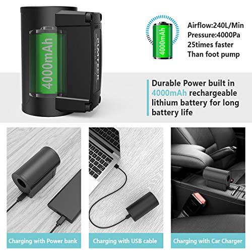 Pumteck Bomba de Aire Eléctrica, Inflador Bateria Recargable de llenado Rápido para Inflar/Desinflar&Bombas Acampar al Aire Libre（3 Boquillas Incluidas）